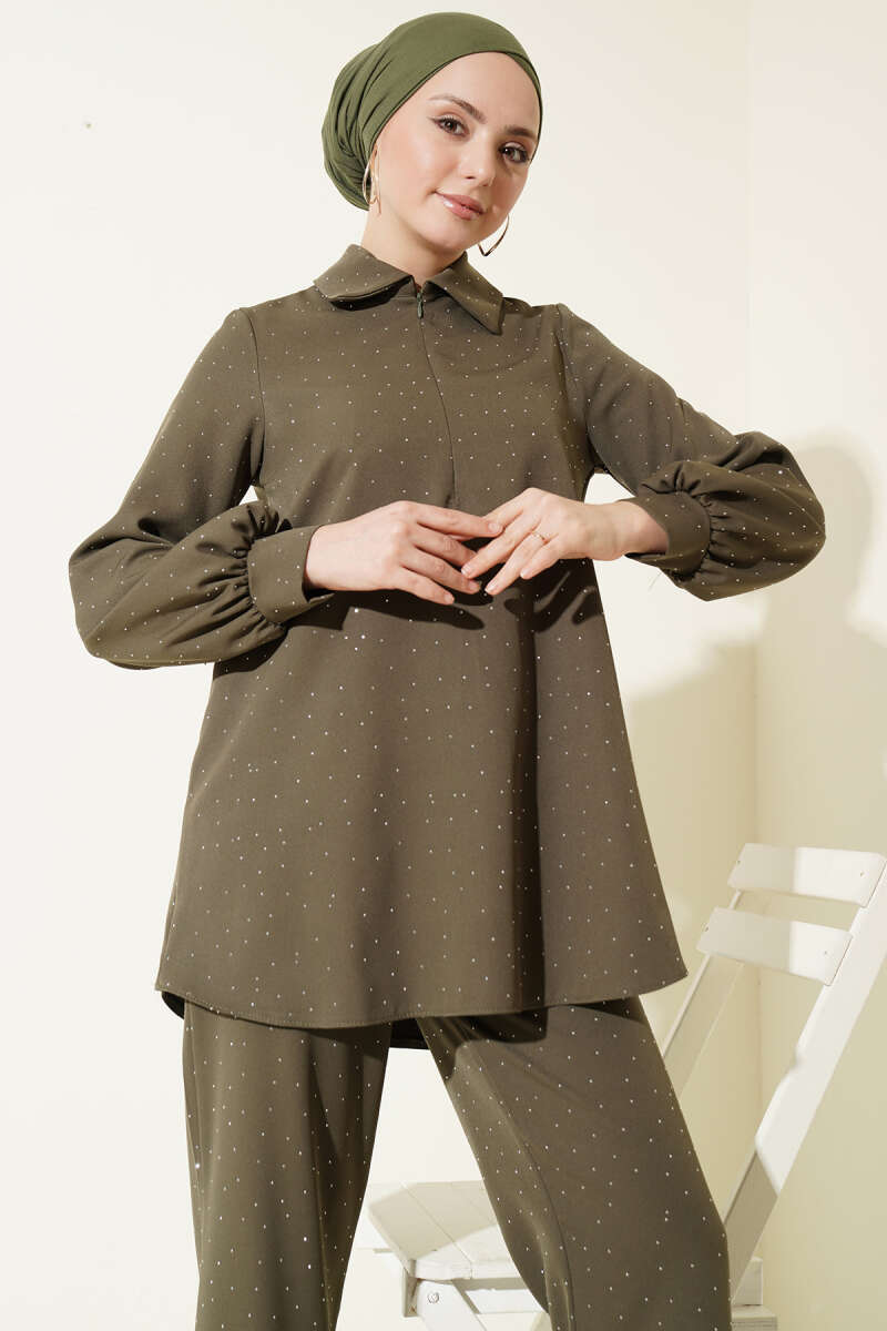 Shirt-Collar Stone-Embellished Two-Piece Set - Khaki