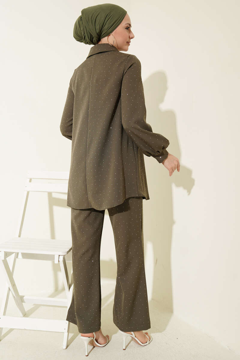 Shirt-Collar Stone-Embellished Two-Piece Set - Khaki