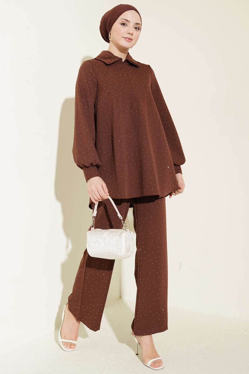 Shirt-Collar Stone-Embellished Two-Piece Set - Brown