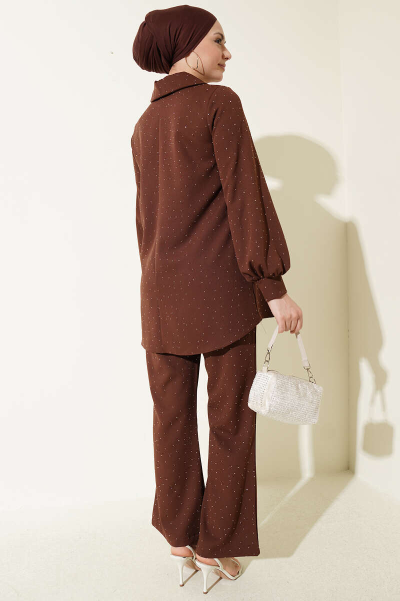 Shirt-Collar Stone-Embellished Two-Piece Set - Brown