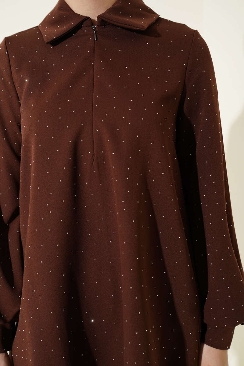 Shirt-Collar Stone-Embellished Two-Piece Set - Brown