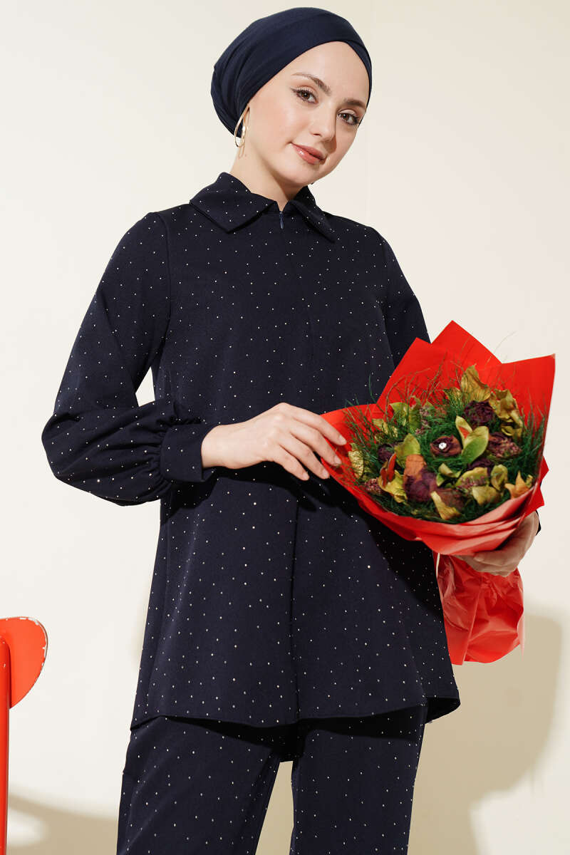 Shirt-Collar Stone-Embellished Two-Piece Set - Navy
