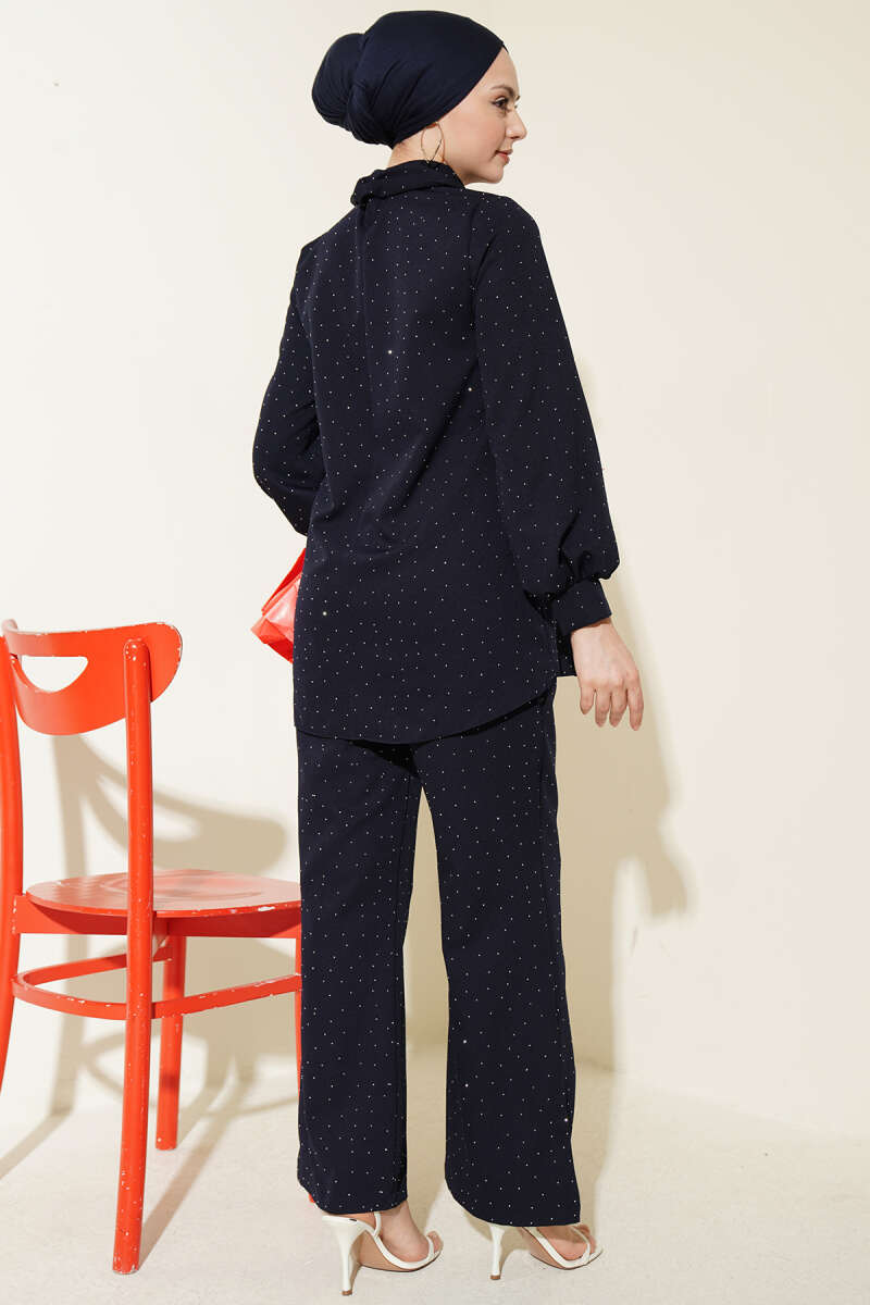 Shirt-Collar Stone-Embellished Two-Piece Set - Navy