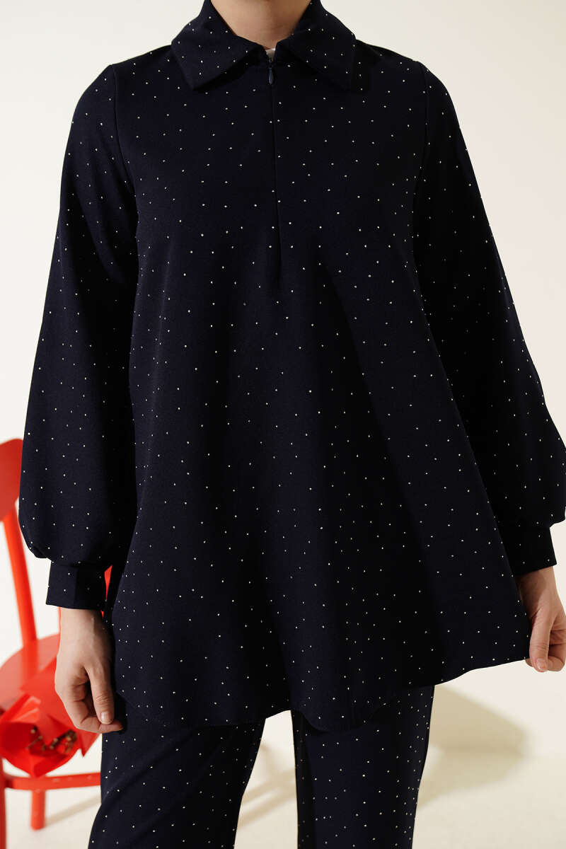 Shirt-Collar Stone-Embellished Two-Piece Set - Navy