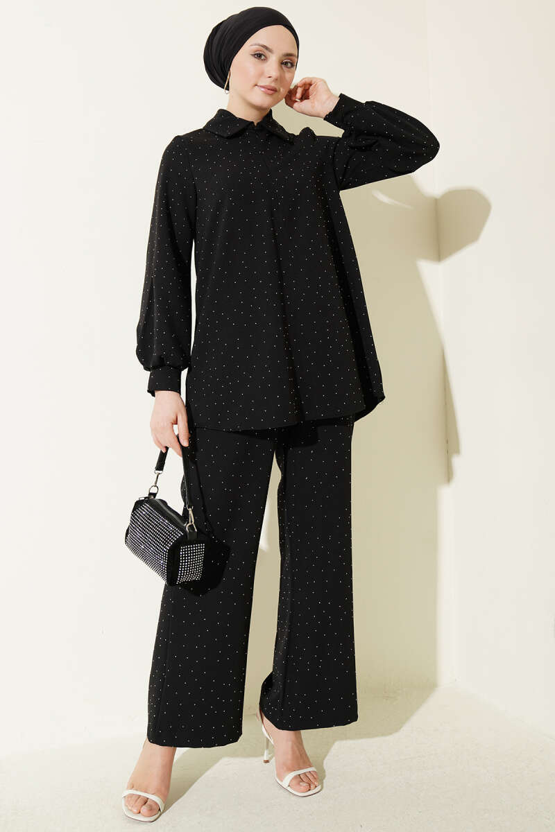 Shirt-Collar Stone-Embellished Two-Piece Set - Black
