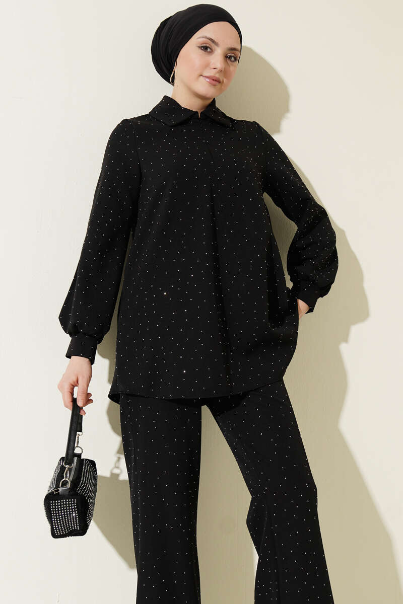 Shirt-Collar Stone-Embellished Two-Piece Set - Black