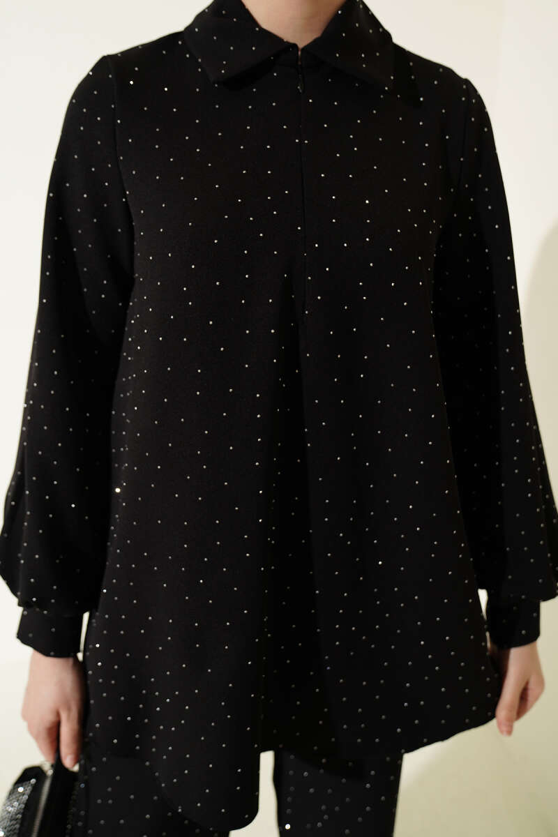 Shirt-Collar Stone-Embellished Two-Piece Set - Black