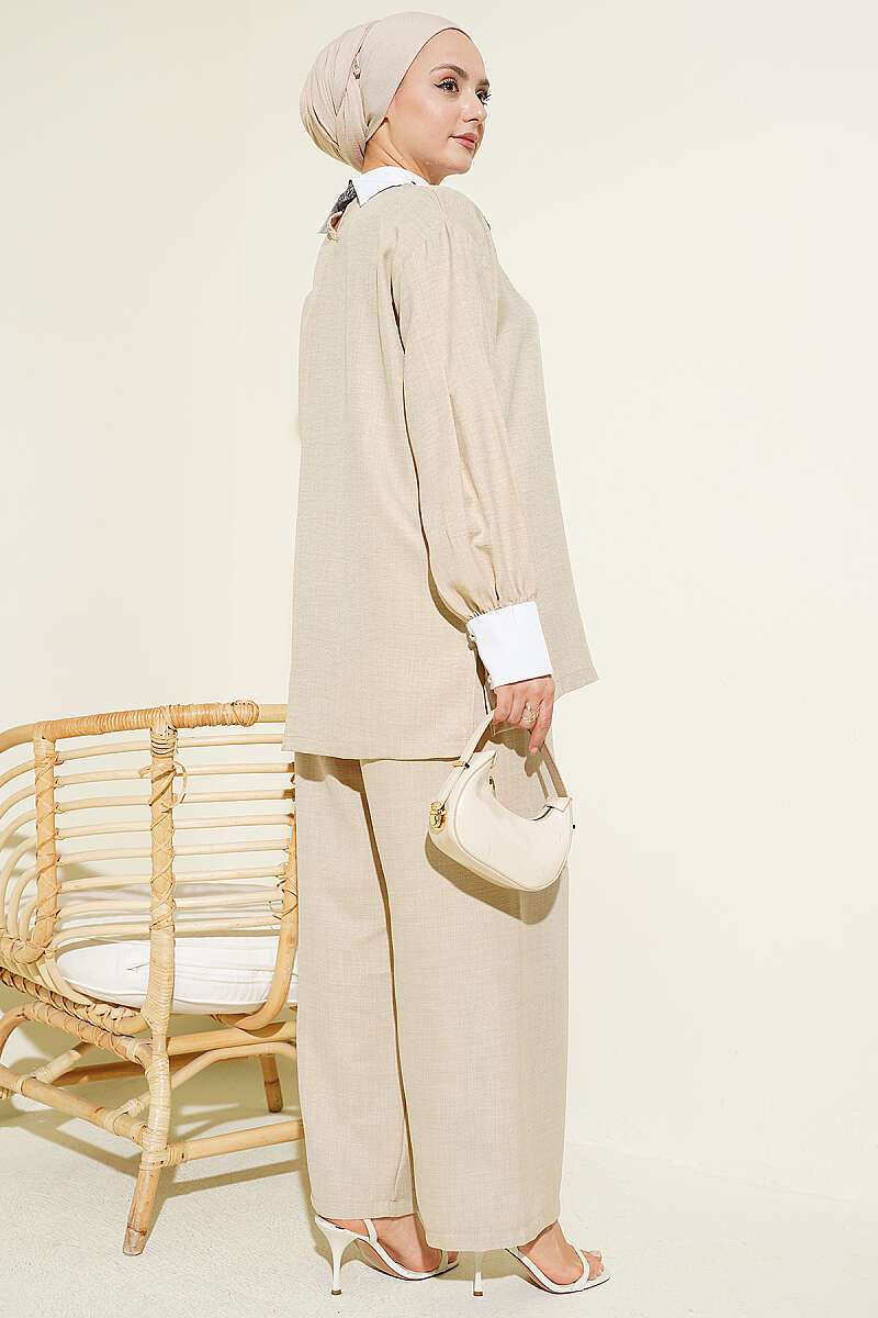 Loose Two-Piece Set with Stone Shirt Collar - Beige