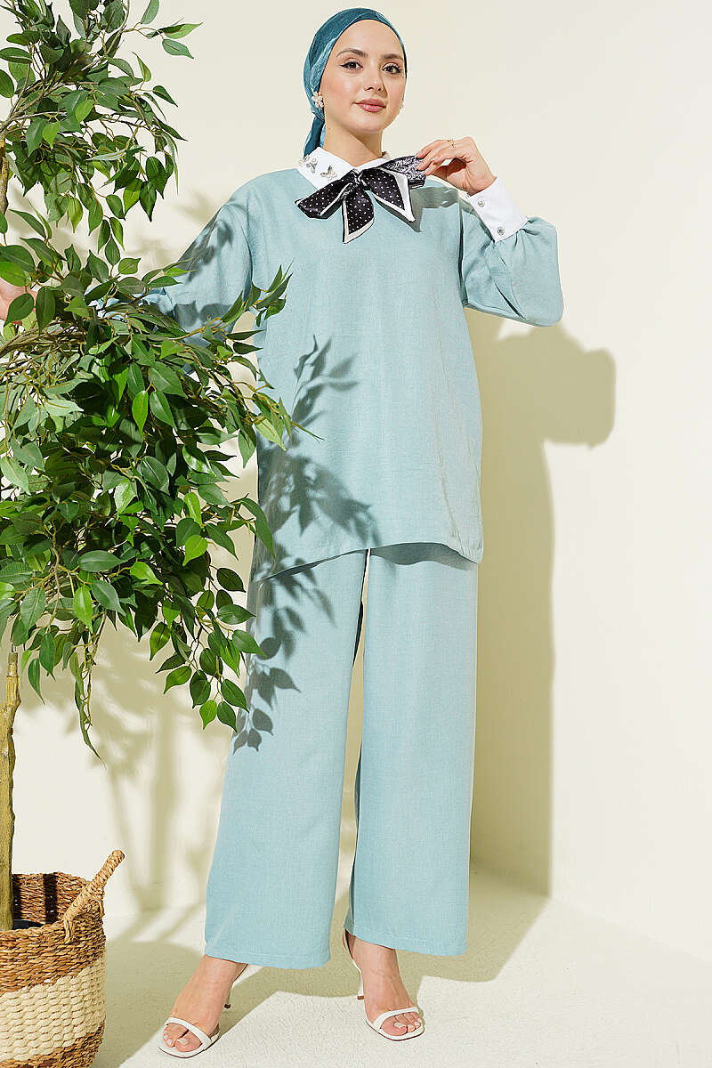 Loose Two-Piece Set with Stone Shirt Collar - Almond Green