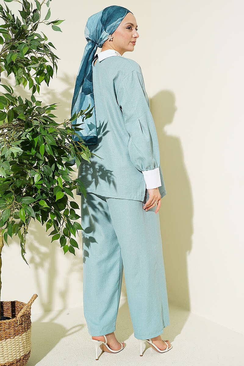 Loose Two-Piece Set with Stone Shirt Collar - Almond Green