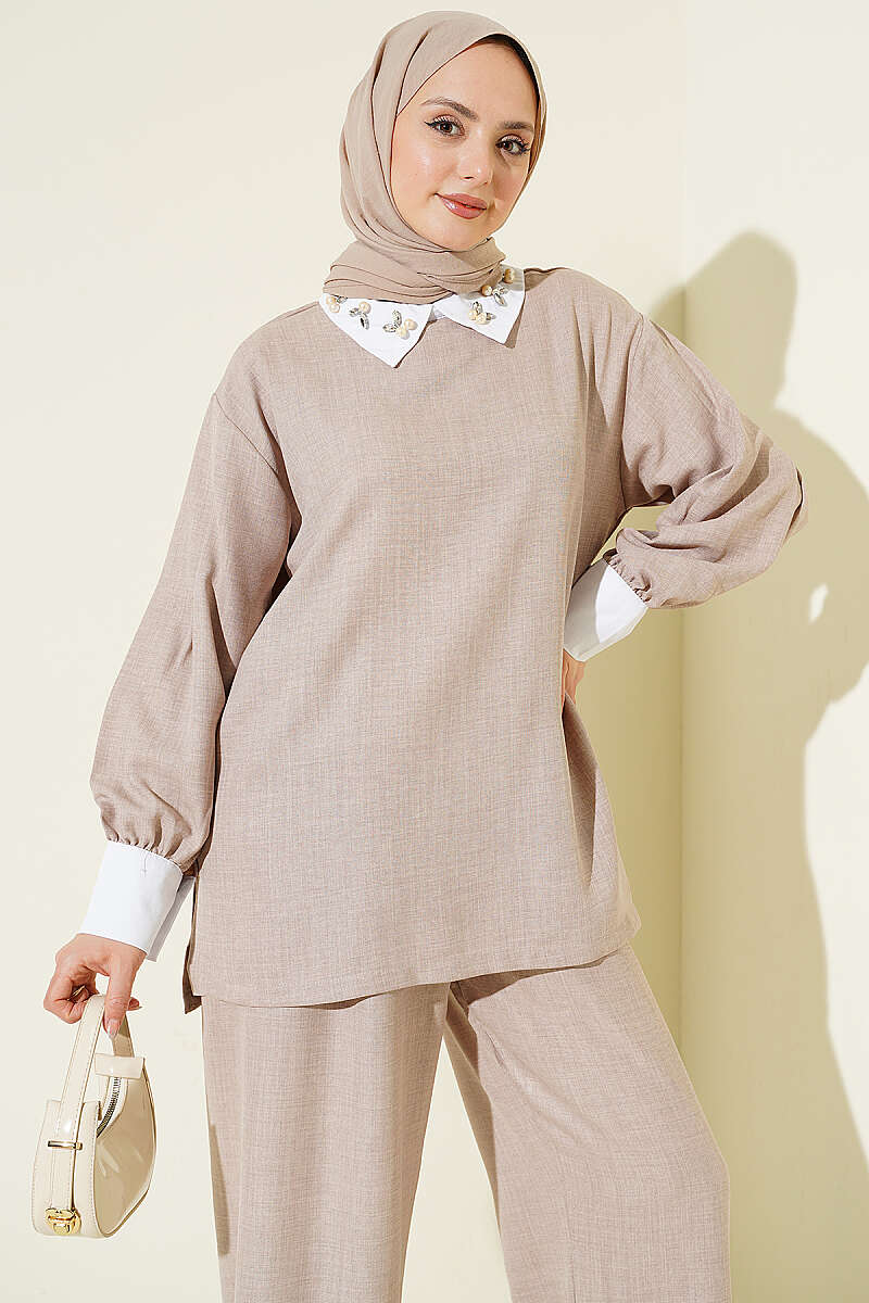 Loose Two-Piece Set with Stone Shirt Collar - Powder