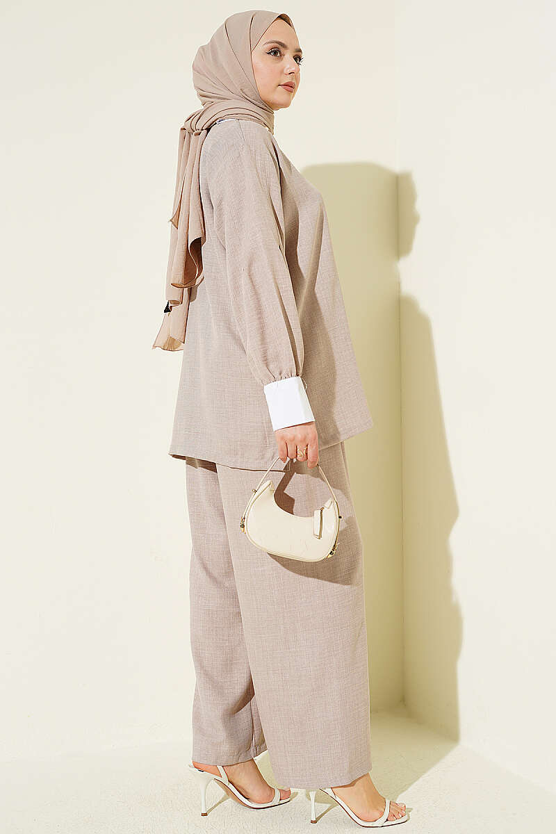 Loose Two-Piece Set with Stone Shirt Collar - Powder