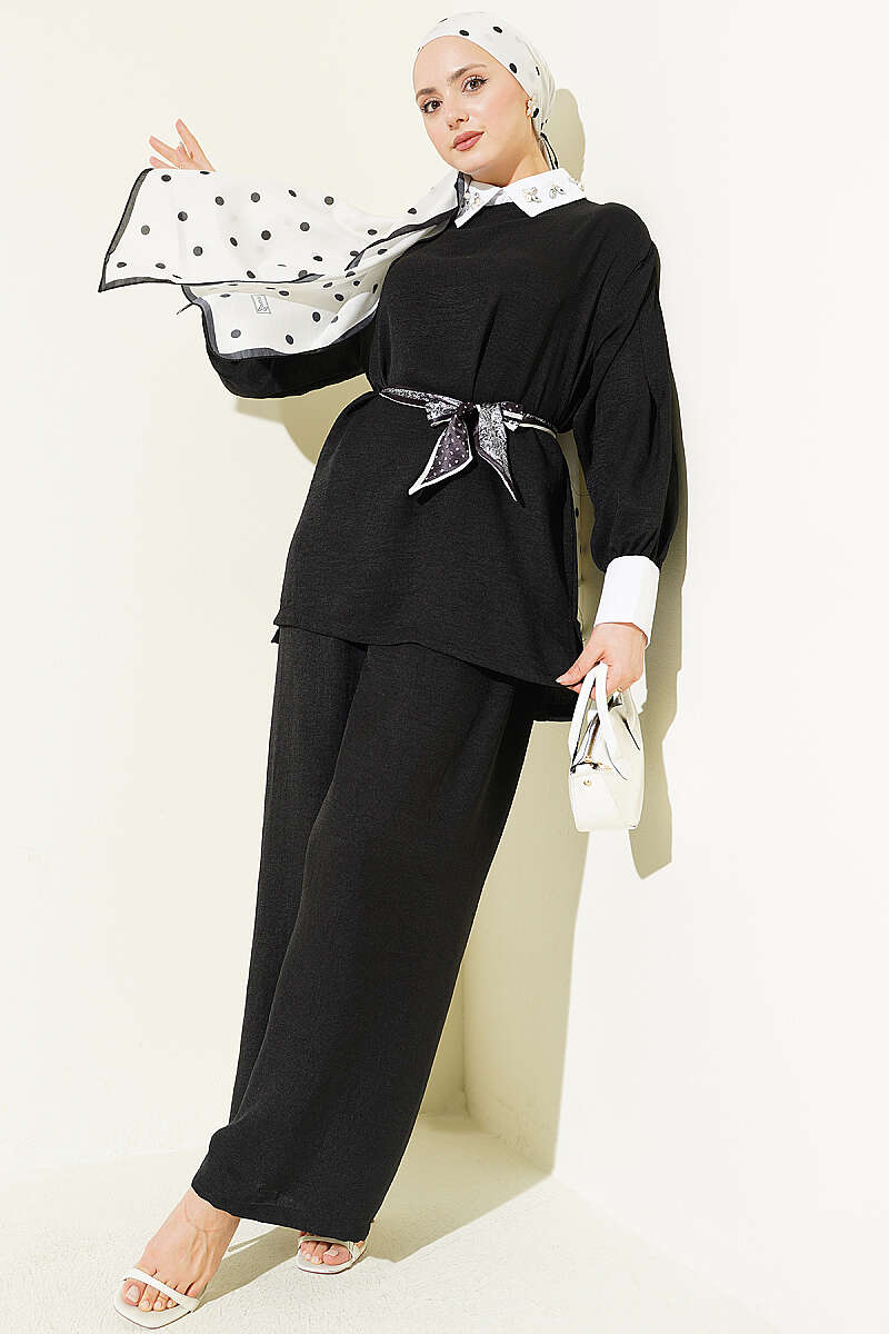 Loose Two-Piece Set with Stone Shirt Collar - Black