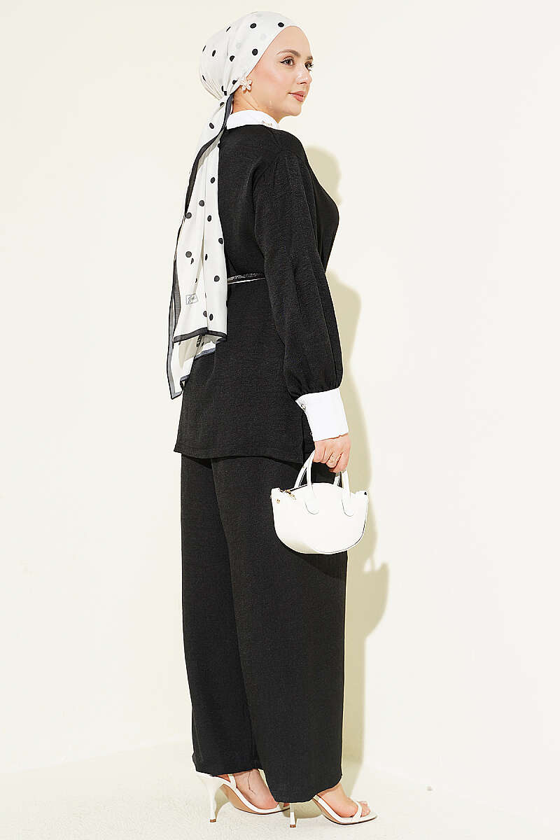 Loose Two-Piece Set with Stone Shirt Collar - Black