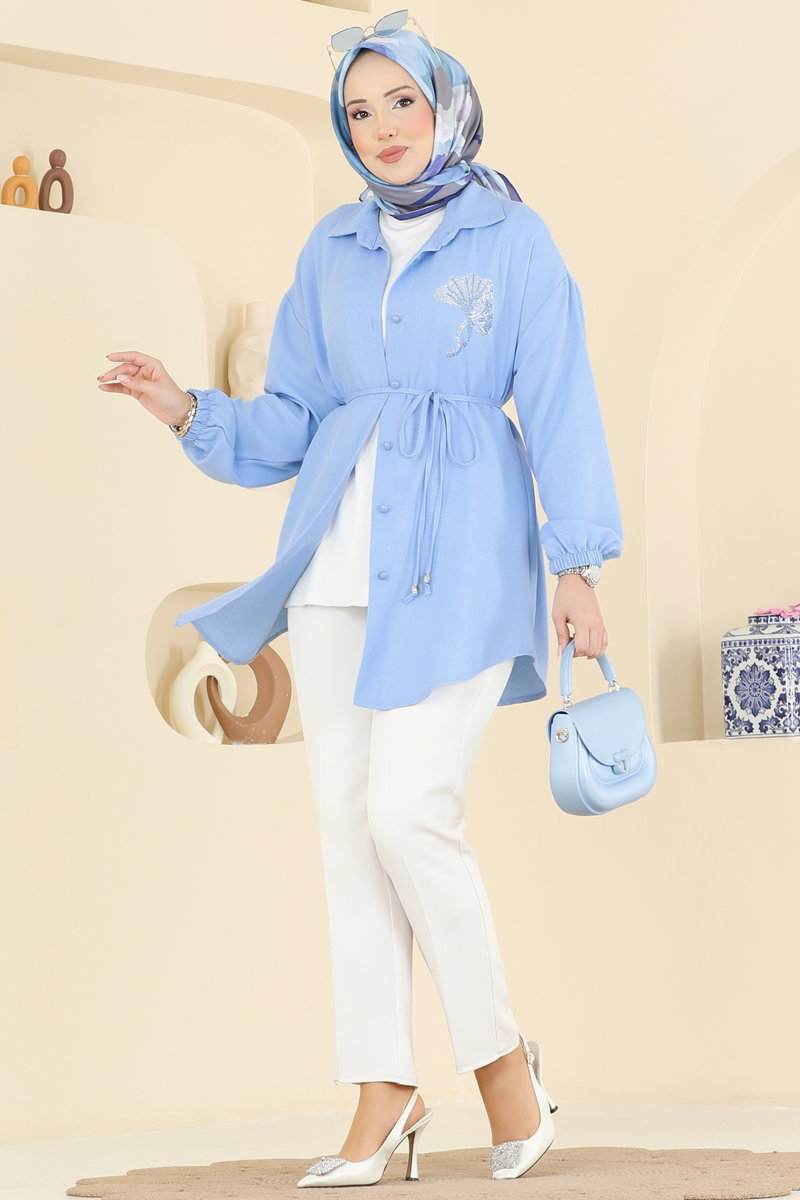 Embellished Shirt-Collar Linen Tunic - Light Blue