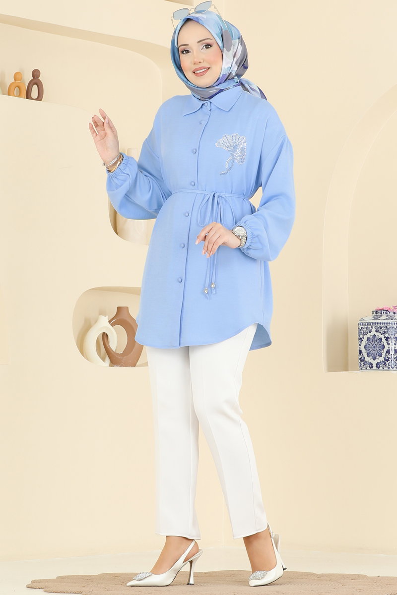 Embellished Shirt-Collar Linen Tunic - Light Blue