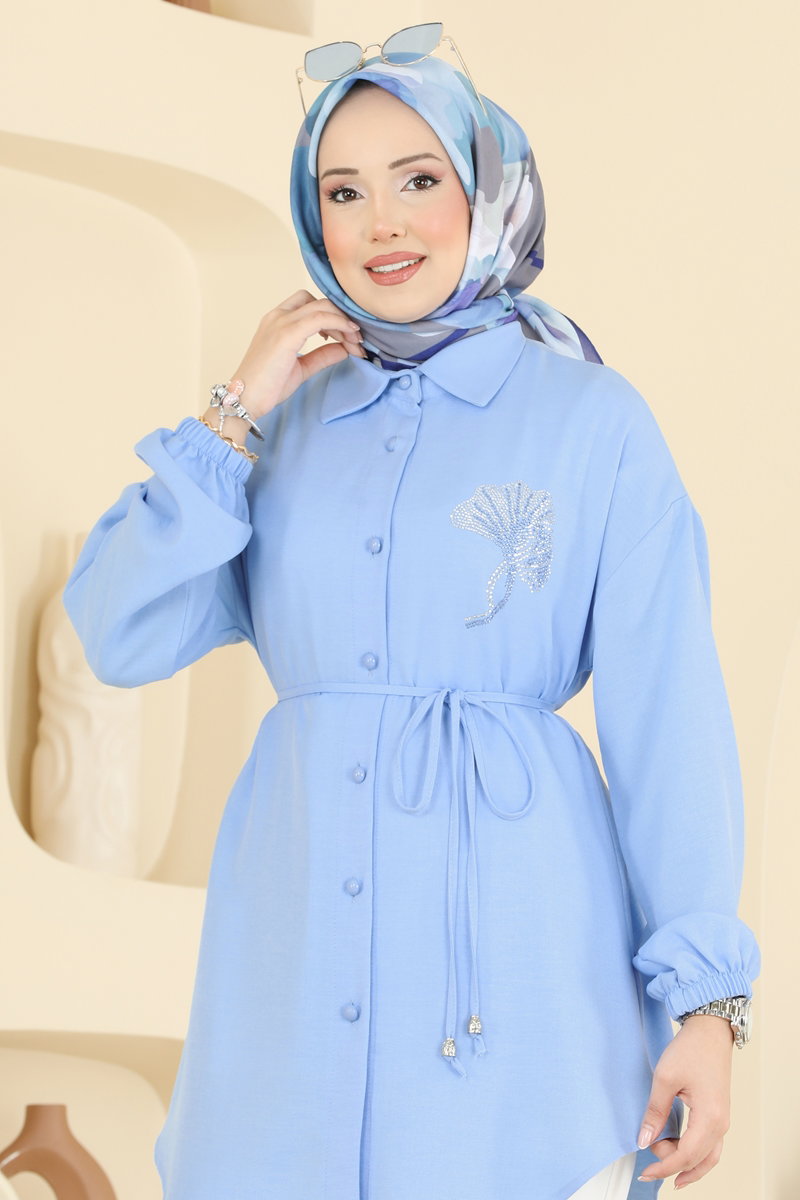 Embellished Shirt-Collar Linen Tunic - Light Blue