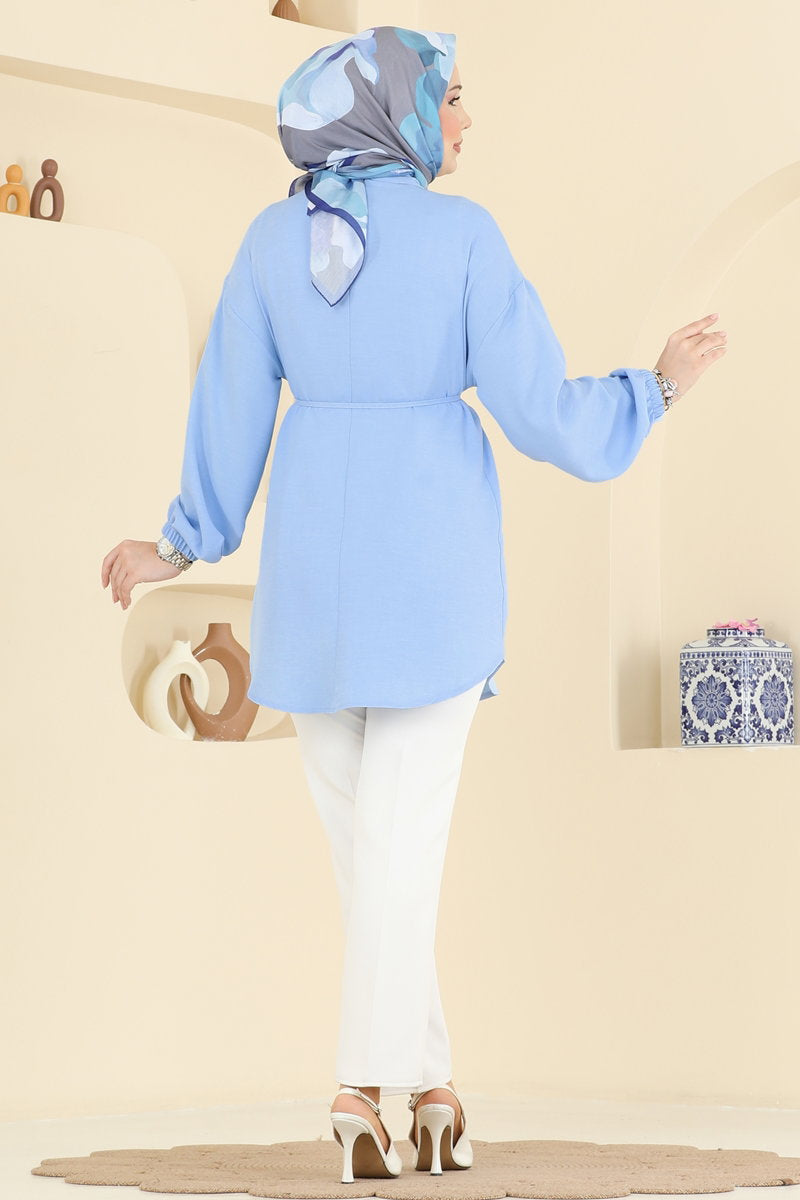 Embellished Shirt-Collar Linen Tunic - Light Blue