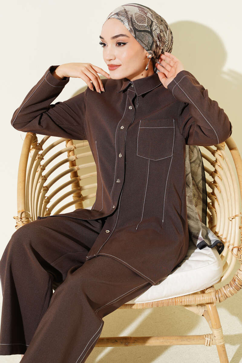 Shirt-Collar Set with Single Pocket - Brown