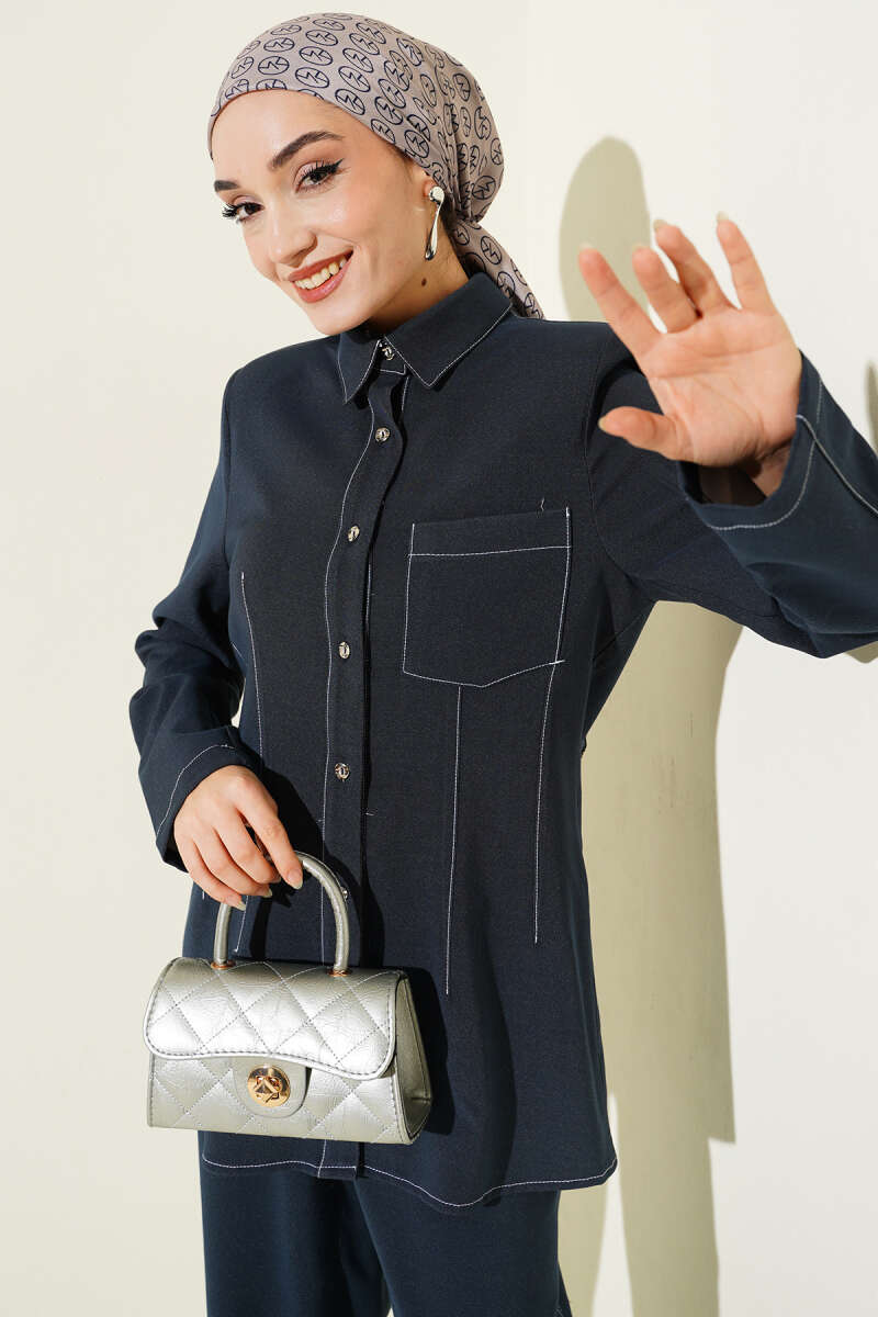 Shirt-Collar Set with Single Pocket - Navy
