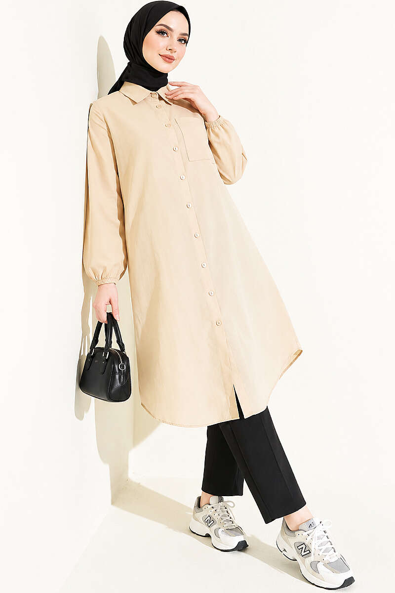 Long Single-Pocket Shirt - Beige