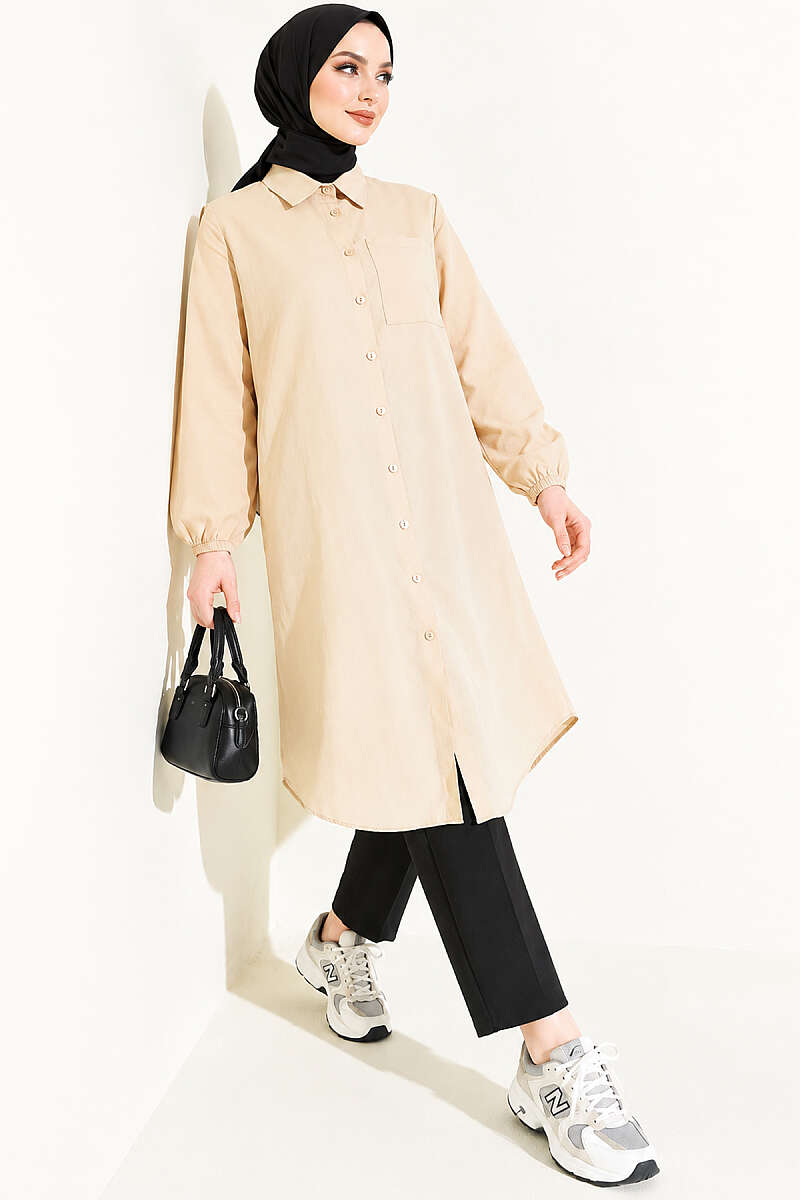 Long Single-Pocket Shirt - Beige