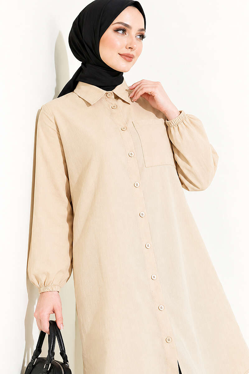 Long Single-Pocket Shirt - Beige