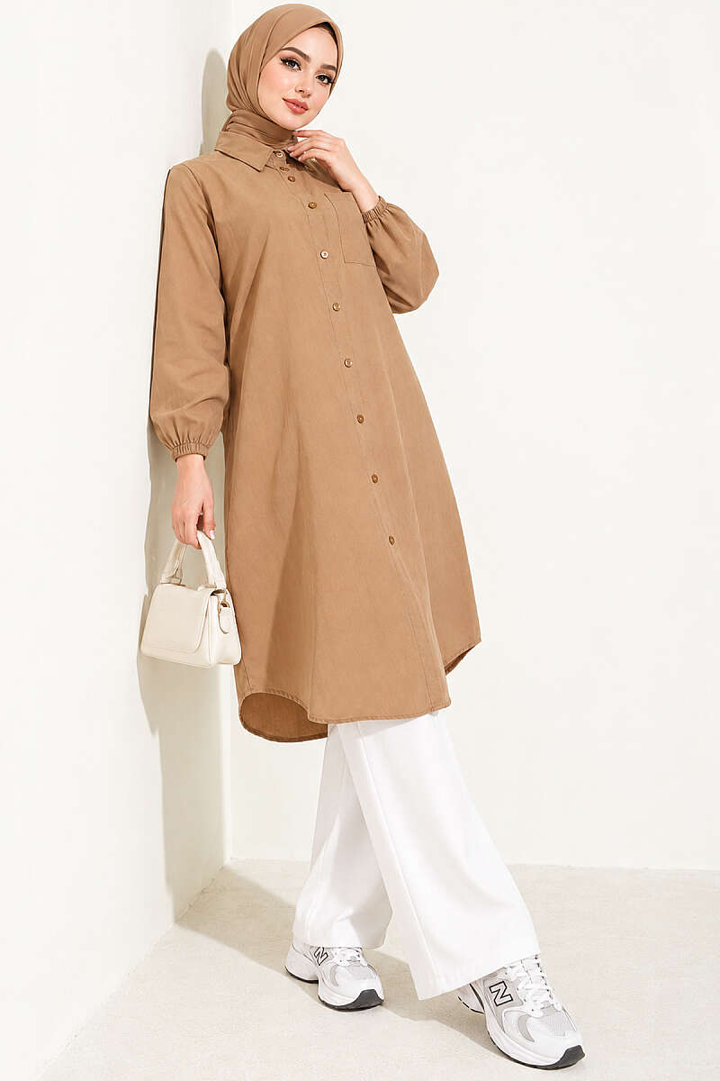Long Single-Pocket Shirt - Camel