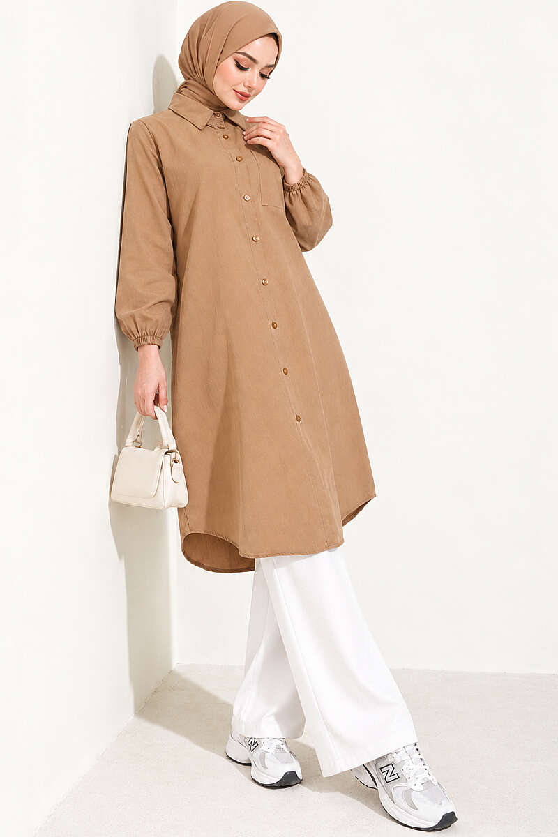 Long Single-Pocket Shirt - Camel