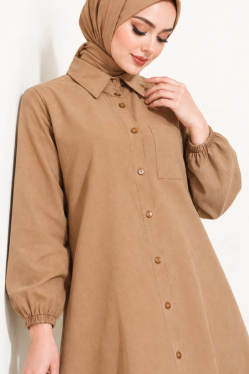 Long Single-Pocket Shirt - Camel