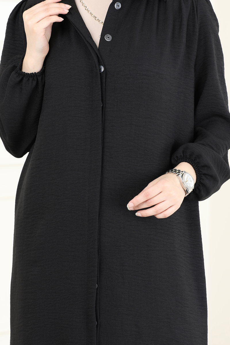 Shirt-Collar Linen Tunic - Black