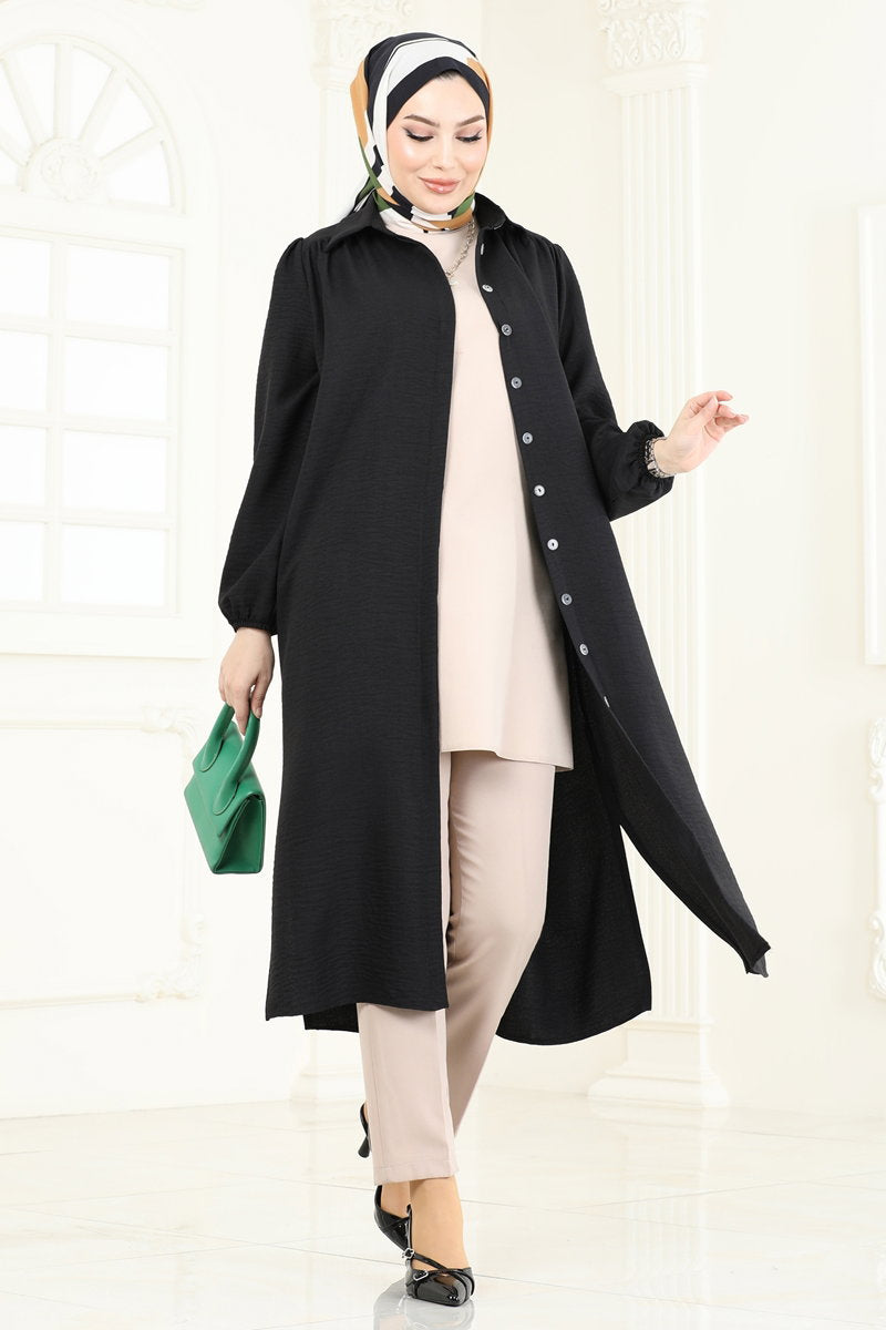 Shirt-Collar Linen Tunic - Black