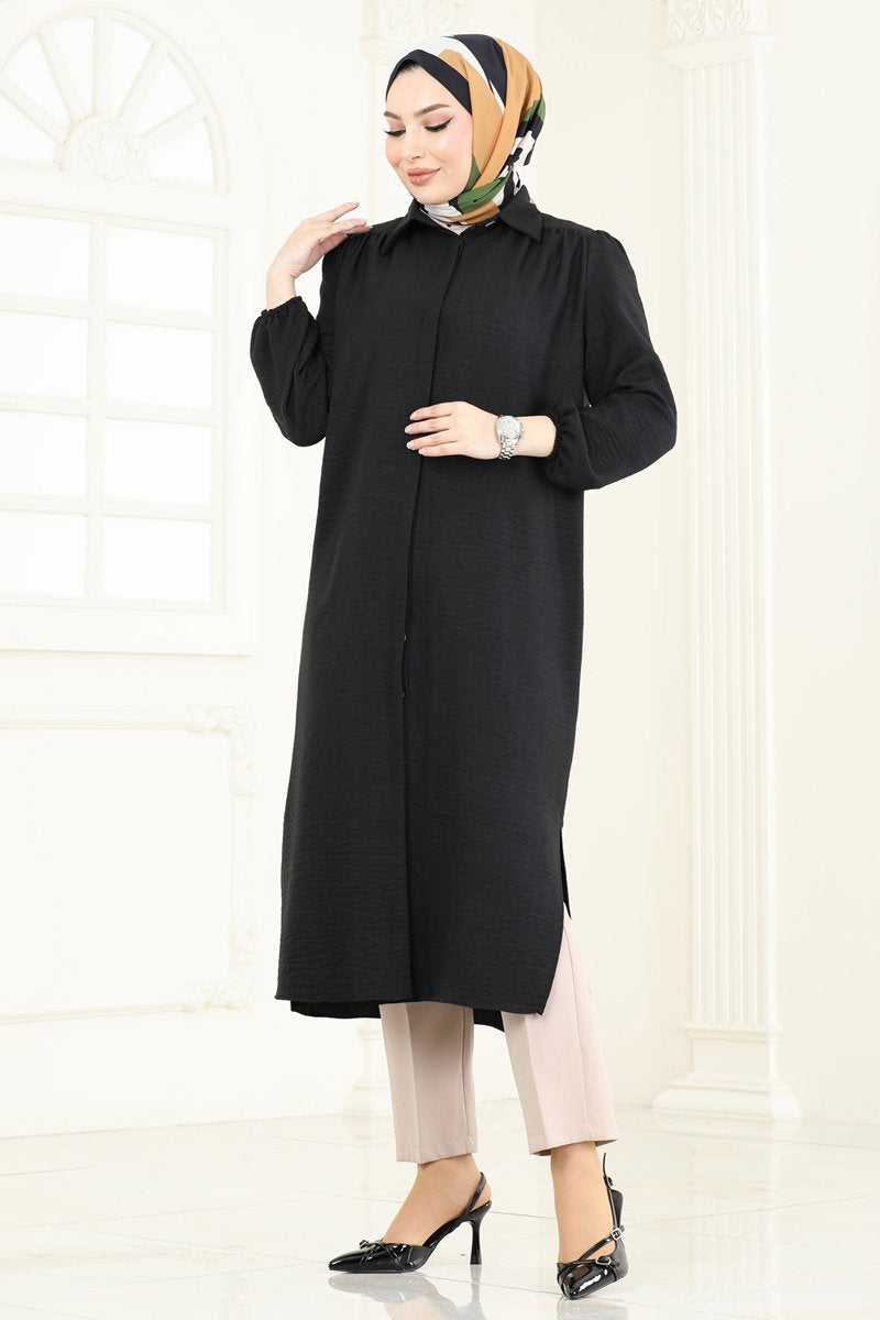 Shirt-Collar Linen Tunic - Black