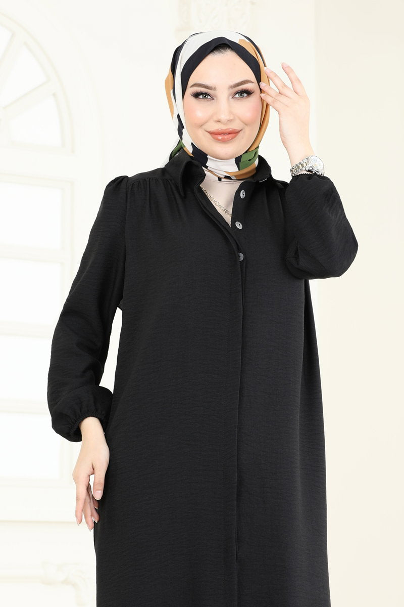 Shirt-Collar Linen Tunic - Black