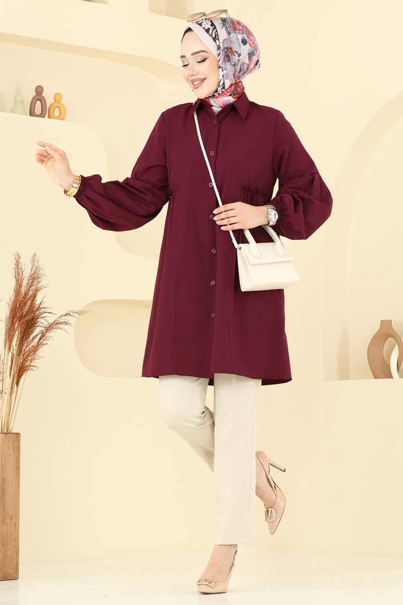 Poly-Cotton Shirt-Collar Tunic - Light Burgundy