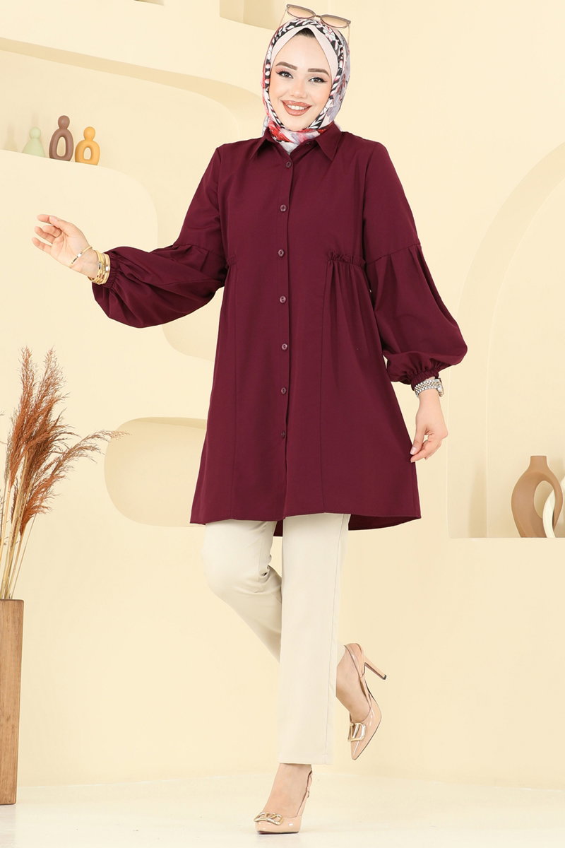 Poly-Cotton Shirt-Collar Tunic - Light Burgundy