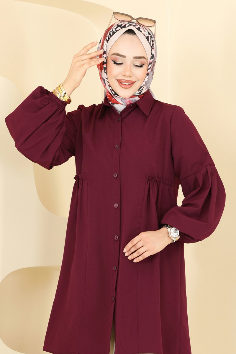 Poly-Cotton Shirt-Collar Tunic - Light Burgundy
