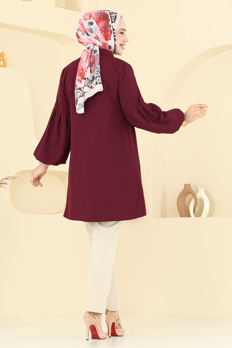 Poly-Cotton Shirt-Collar Tunic - Light Burgundy