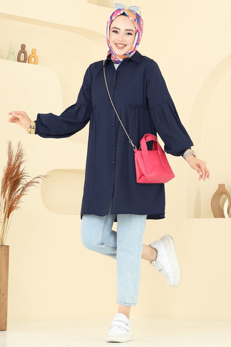 Poly-Cotton Shirt-Collar Tunic - Light Navy