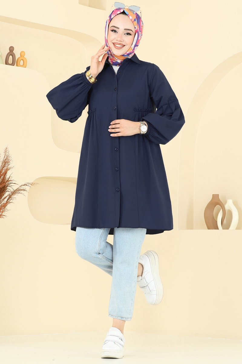 Poly-Cotton Shirt-Collar Tunic - Light Navy