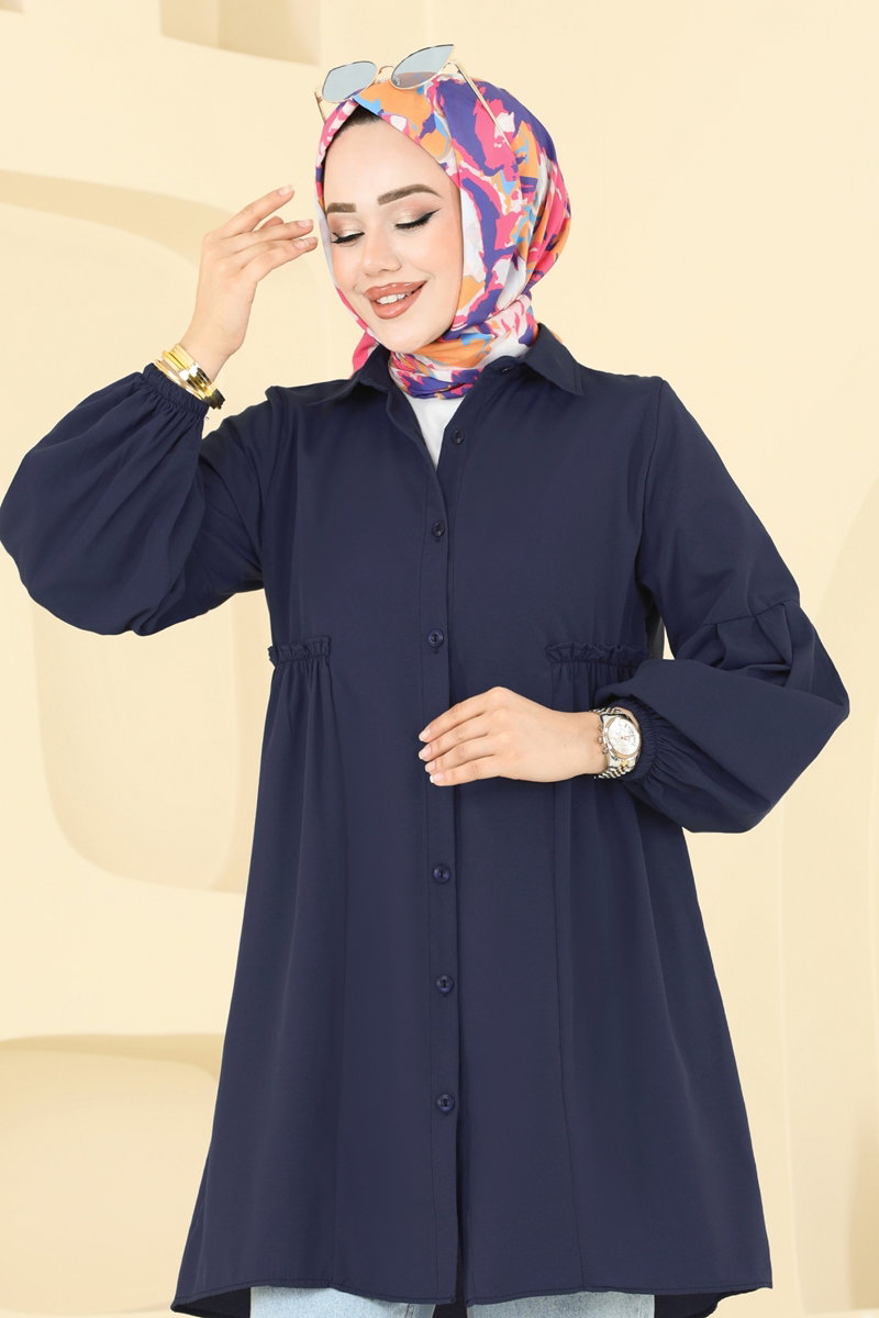 Poly-Cotton Shirt-Collar Tunic - Light Navy
