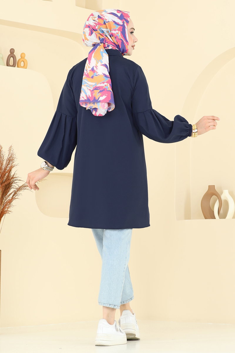 Poly-Cotton Shirt-Collar Tunic - Light Navy