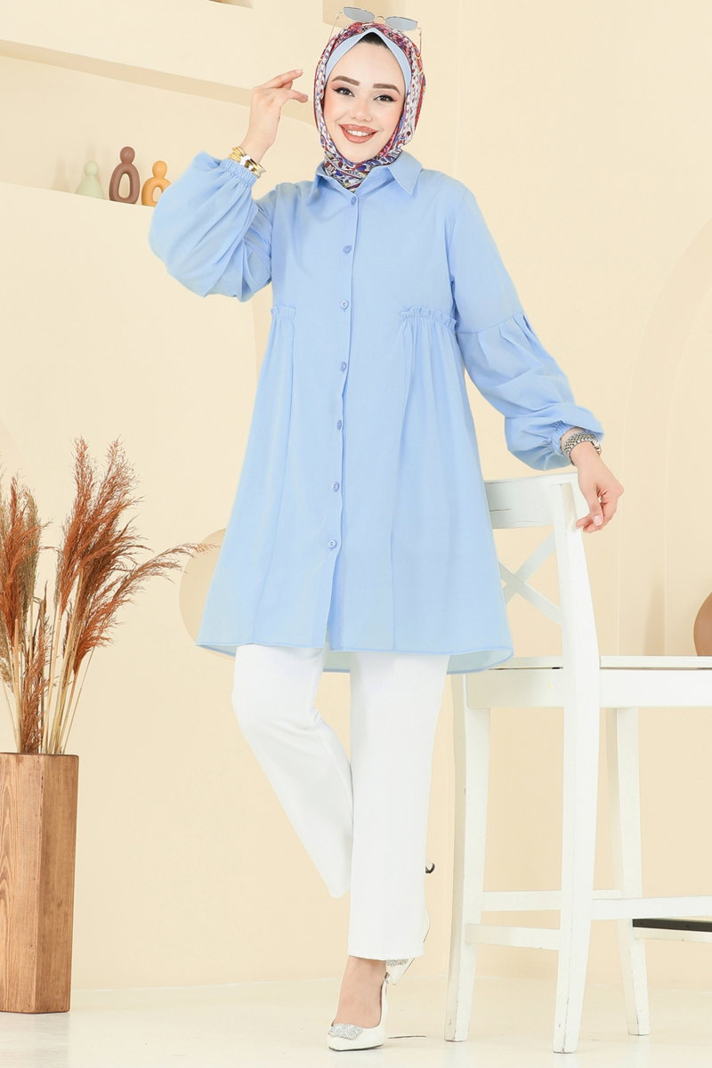Poly-Cotton Shirt-Collar Tunic - Light Blue
