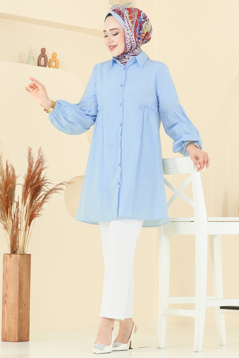 Poly-Cotton Shirt-Collar Tunic - Light Blue