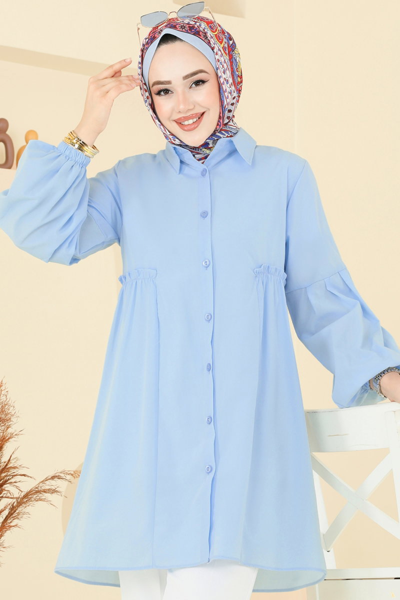 Poly-Cotton Shirt-Collar Tunic - Light Blue