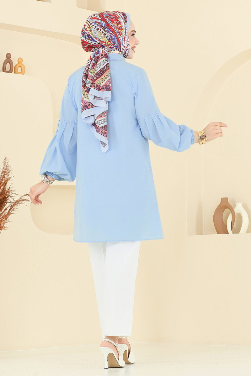 Poly-Cotton Shirt-Collar Tunic - Light Blue