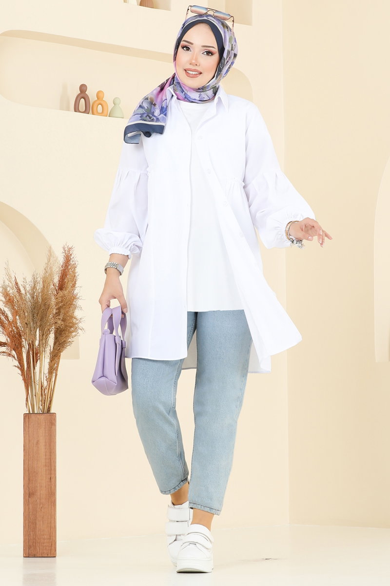 Poly-Cotton Shirt-Collar Tunic - Ecru