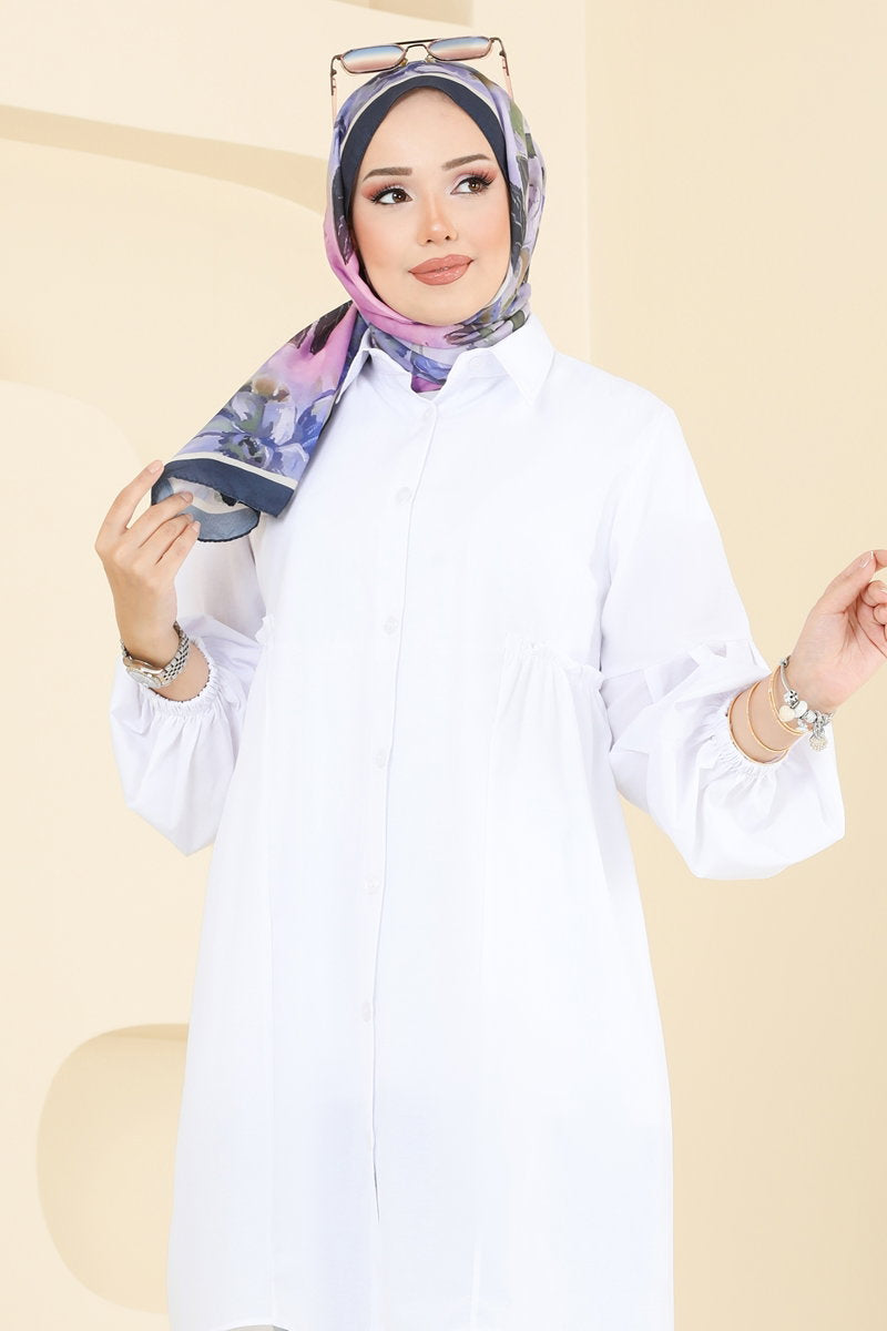 Poly-Cotton Shirt-Collar Tunic - Ecru