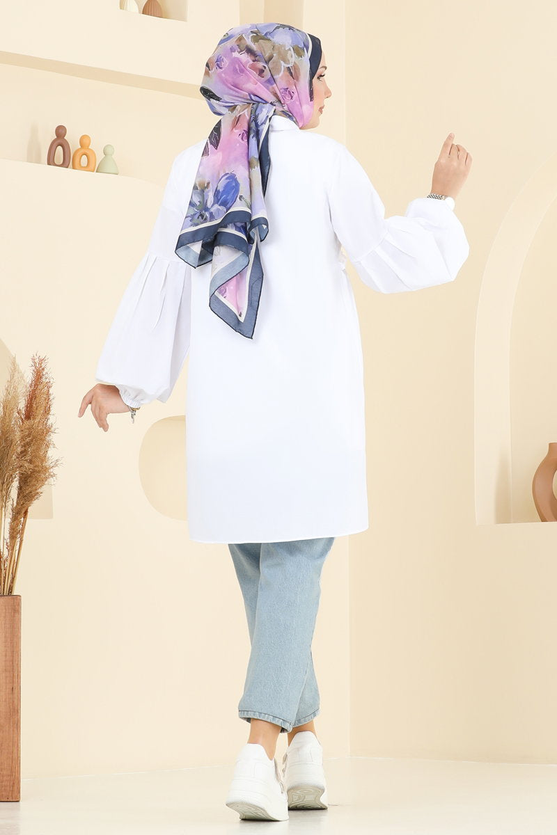 Poly-Cotton Shirt-Collar Tunic - Ecru