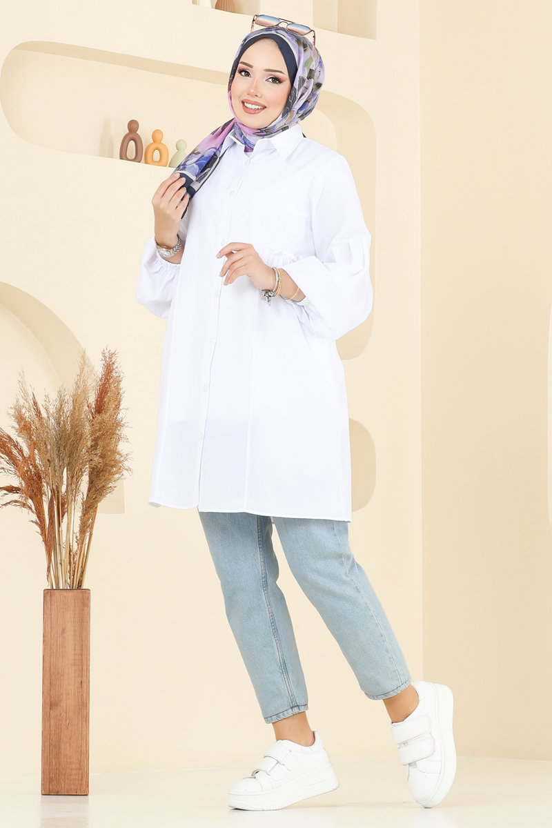 Poly-Cotton Shirt-Collar Tunic - Ecru